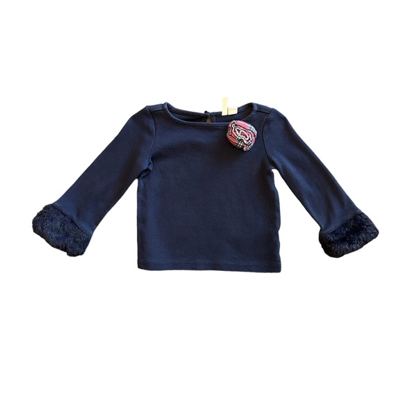 Janie and Jack navy blue faux fur cuff top with tartan rosette 18-24 months - Picture 1 of 15
